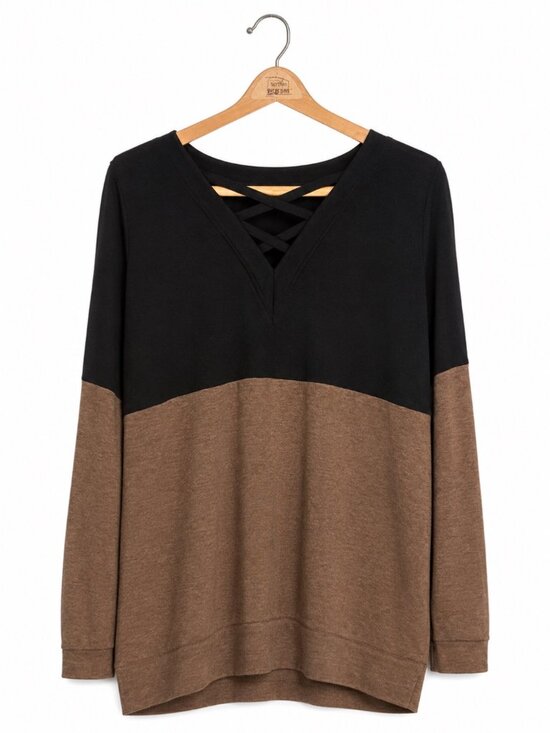 Sweaters - Northern Reflections Womens Black & Brown Long Sleeve V-Neck Blouse